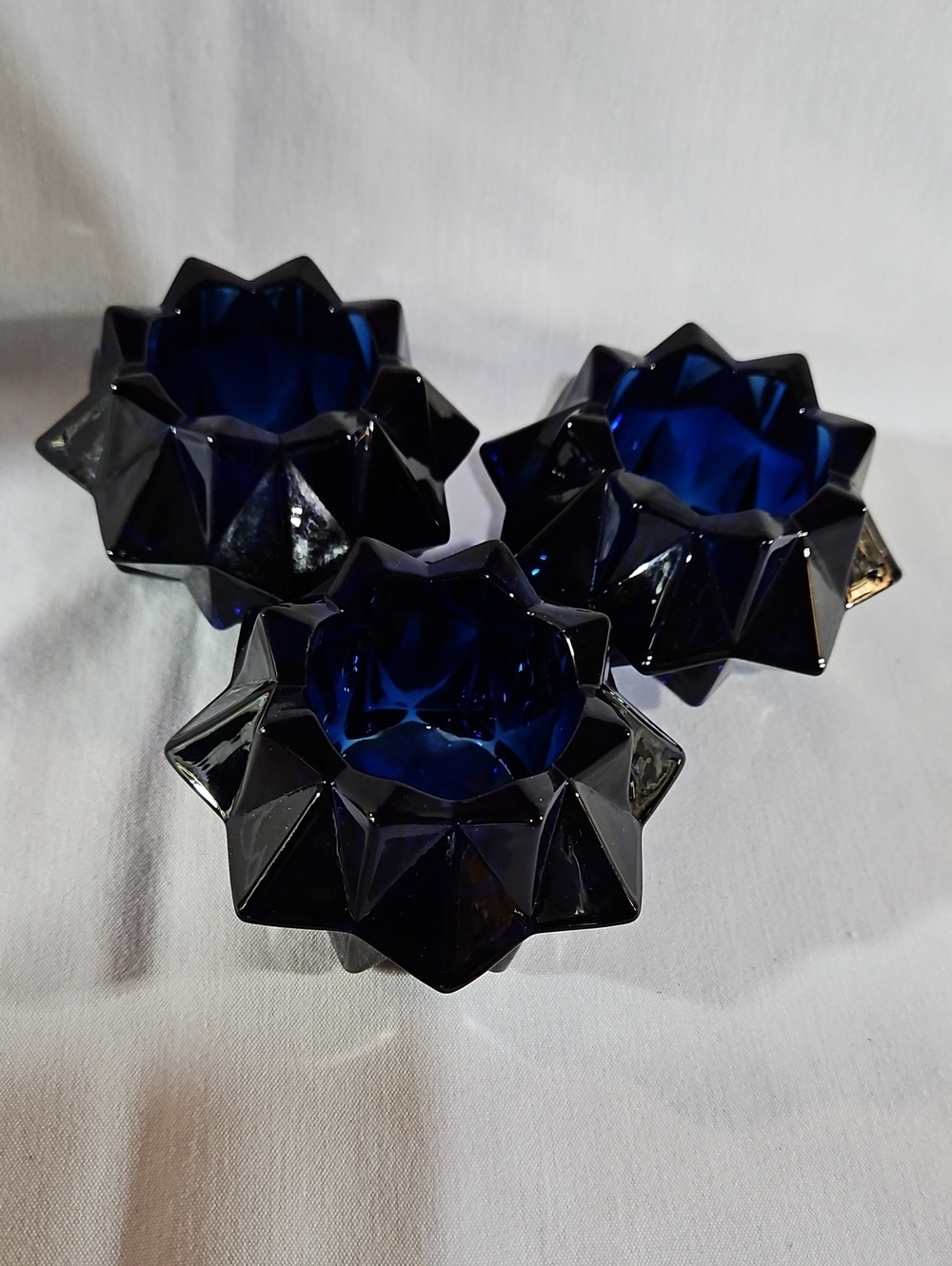 Indiana Glass Cobalt Blue Sapphire Starburst Votive/Tealight Holders, Set of 3